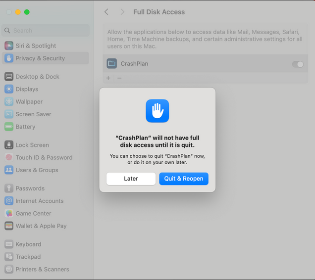 CrashPlan Quit and reopen